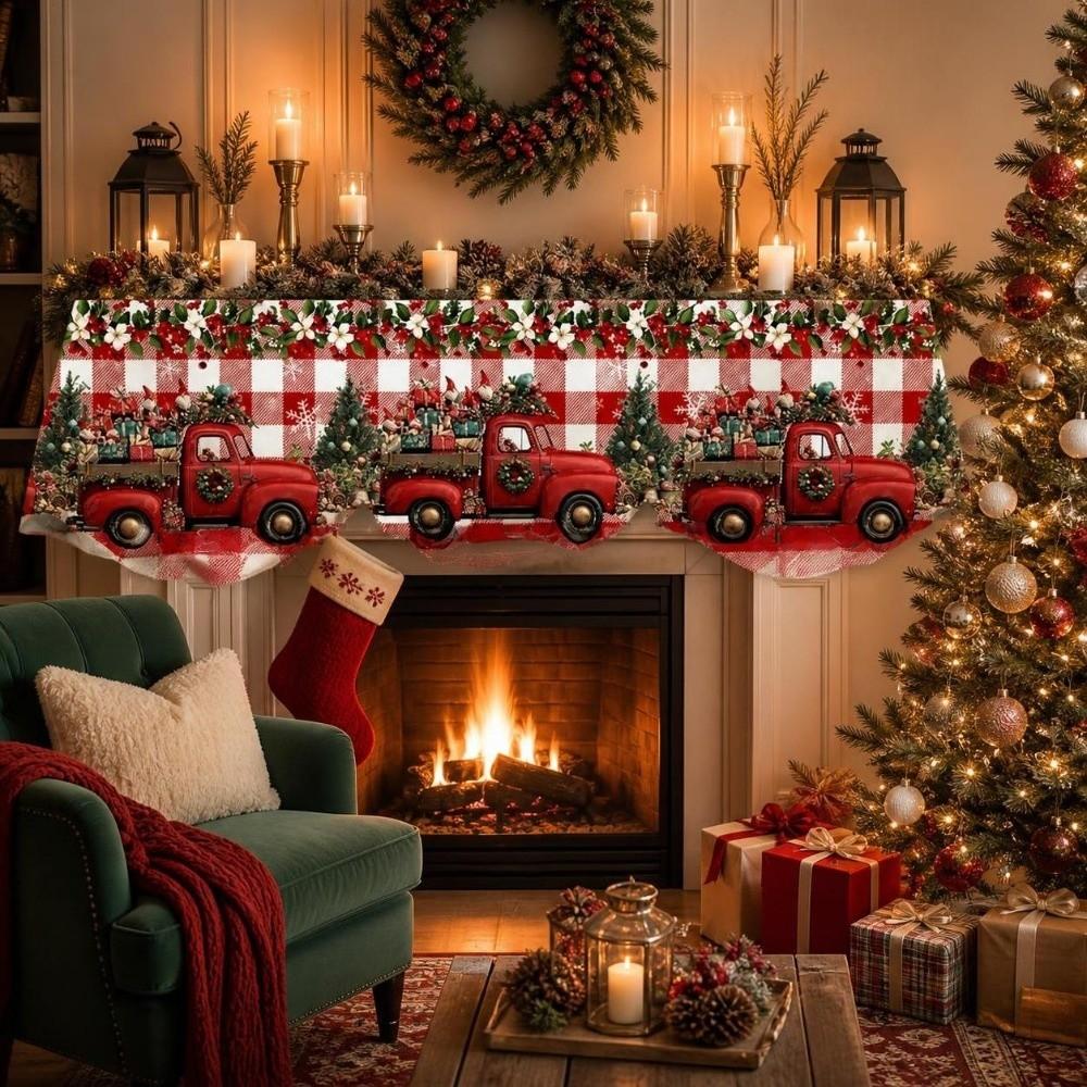 Santa Claus Mantel Topper Snow Landscape Xmas Mantel Decor Fireplace Shelf Cover Winter Holiday