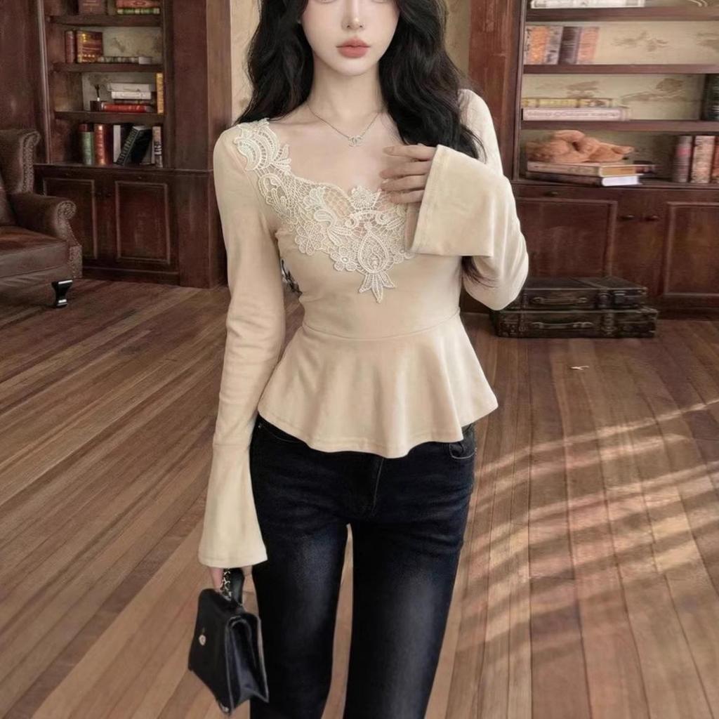 European and American Style Ruffle Hem Long Sleeve T-shirt