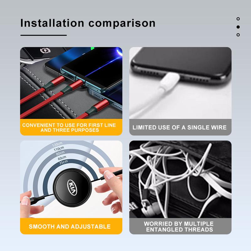 For KIA Car Internal 3 In 1 USB Telescopic Charger Adapter Cord Cable Stinger Optima Cerato Soul Venga Forte Spectra Sedona JK5