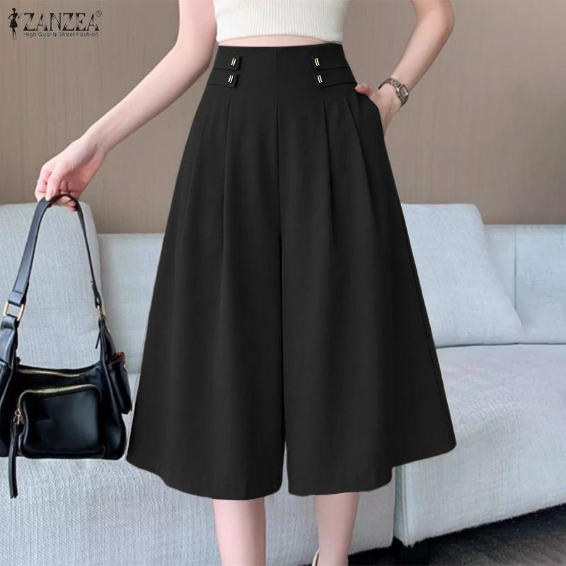 ZANZEA Womens Casual Solid Color Loose A-line Wide Leg Capris Pants