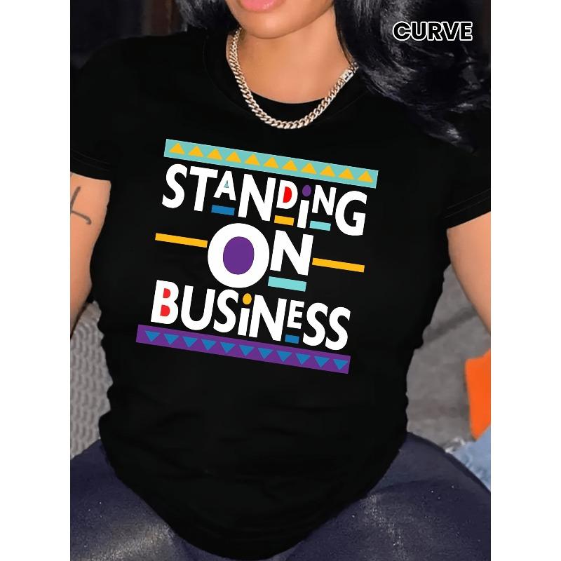 

Women s Standing on Business Letter Print Tee Crew Neck Short Sleeve Spring Summer Casual Top S чёрный
