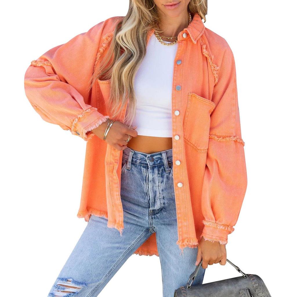 2025 Autumn Women's Long-Sleeve Washed Denim Jacket with Raw Edges