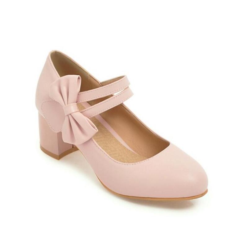 Girls Leather Shoes Lolita Shoes Mary Jane Pumps For Women High Heels Pink Bow-knot Block Heels Shoes Wedding Bride Pumps 31-43