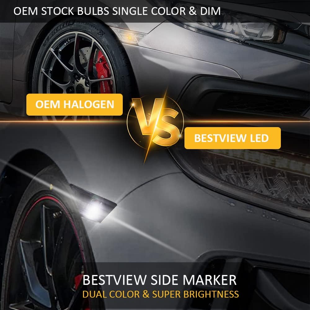 Bestview 2PCS Side Marker Lights For 2016- Honda Civic 10Th Gen Coupe Hatchback: Smoked Lens Front Bumper Fender Lights, 6000K White LED Sidemarker