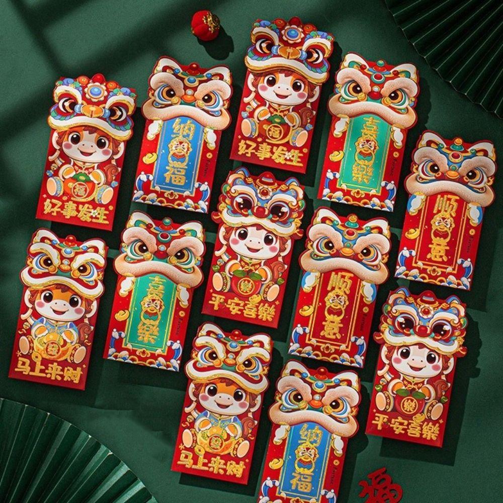 6pcs Cartoon New Year Red Envelopes Hongbao 2026 Horse Year Lucky Money Envelope Blessing Words Traditional Red Bag Gifts