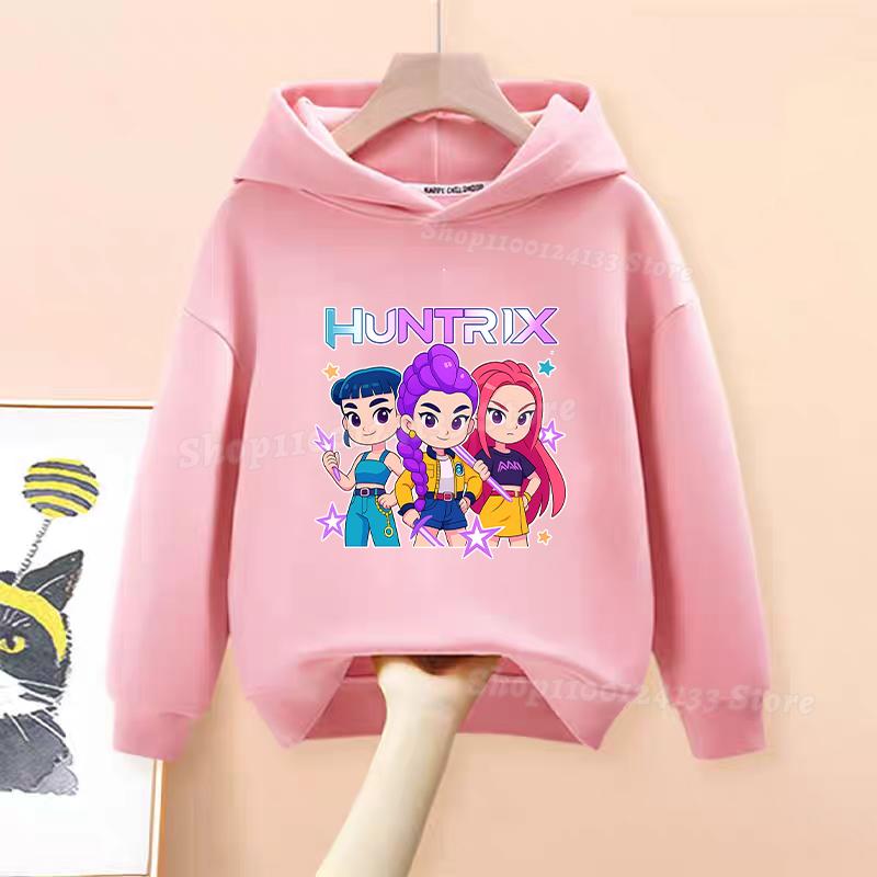 Demone Hunter Girl's Pink Hooded Streetwear Autumn Cute Anime Baby Pullover Kids Y2K Kawaii Long Sleeved T-shirt Casual Clothes