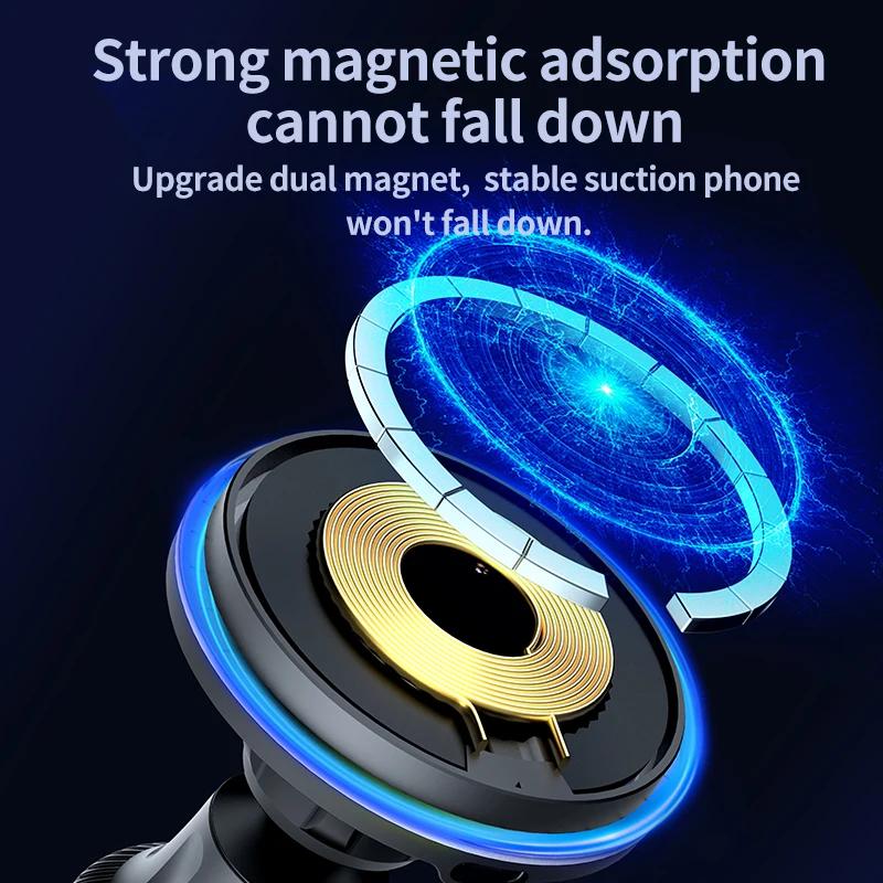 RGB Magnetic Car Wireless Charger For iPhone 12 13 14 15 Pro Max Mini Macsafe Car Phone Holder Stand Mount Fast Charging Station