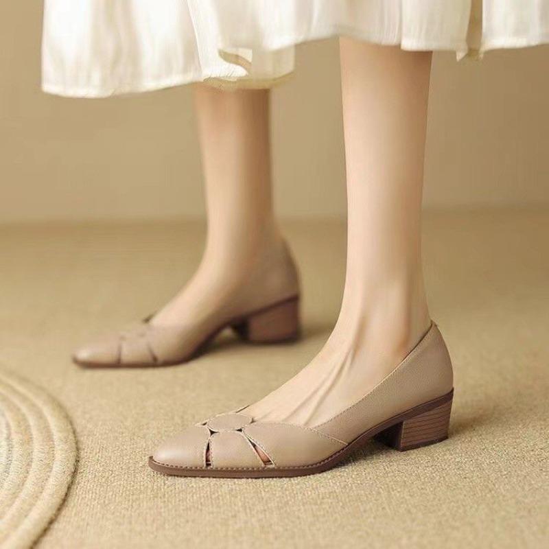 Fashion Leather Hollow-out Sandals Women's New Summer Fashion Mid Heel Shallow Mouth Breathable Women's Shoes Leather Single Shoes