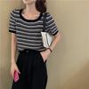 Black and White Striped Knitted Sweater T-shirt for Women Short Short-sleeved Top for Summer New High-waist Korean Style Loose