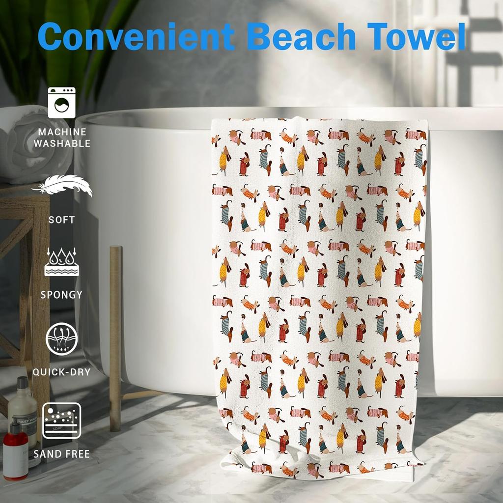 Cute Dog Dachshund Beach Towel Gifts for Women Dog Lovers Owner, Funny Dogs Wiener Microfiber Quick Dry Travel Sand Free Beach Towels Oversized Decor