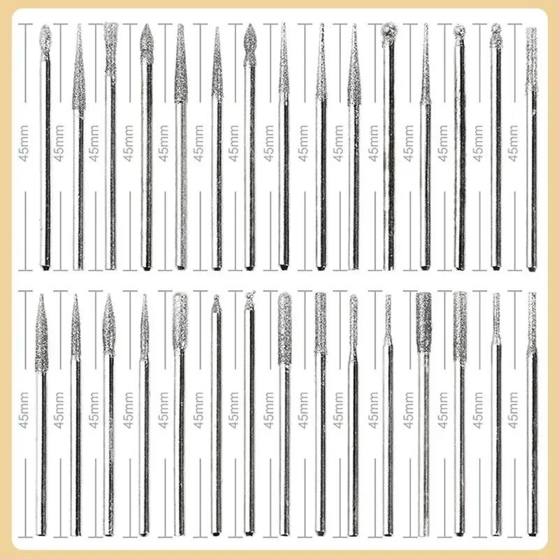 30Pcs Diamond Burs Set 2.35/3Mm Shank Rotary Tool Accessories For Electric Grinder Abrasive Drill Bits With Storage Box