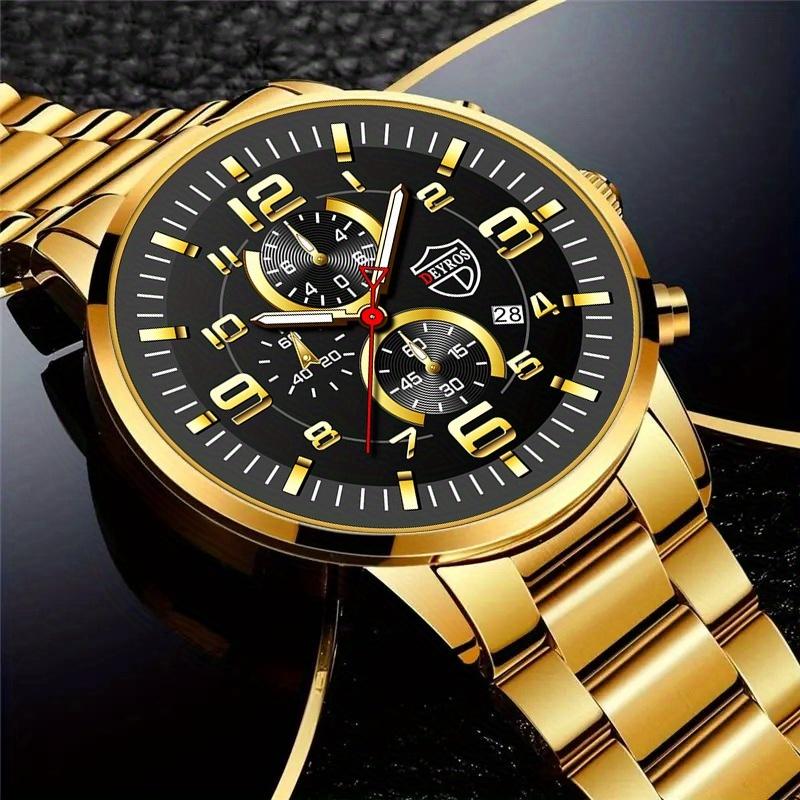 3pcs/set Fashion Men's Casual Quartz Watch Stainless Steel Wrist Watch & Bracelet & Necklace, Men's Gifts