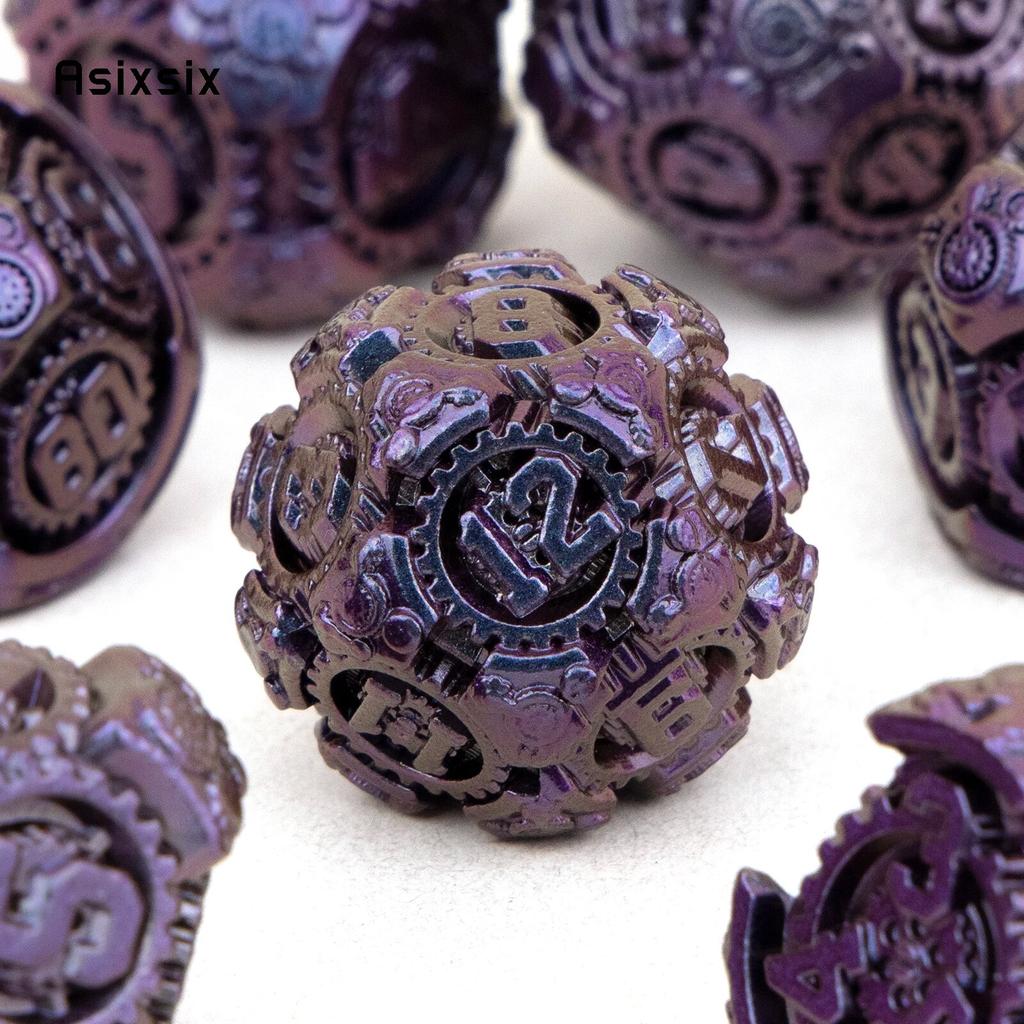 7-teiliges violett-schwarzes Zahnrad-Metallwürfel-Set aus solidem polyedrischem Metall, geeignet für Rollenspiele, RPG-Brettspiele, Kartenspiele