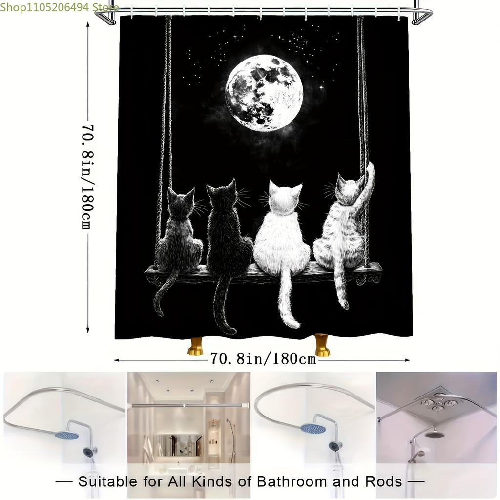 1pc Moonlit Cats on Swing Digital Print Shower Curtain - Black & White Whimsical Design with Black Cats, White Cats, and Full