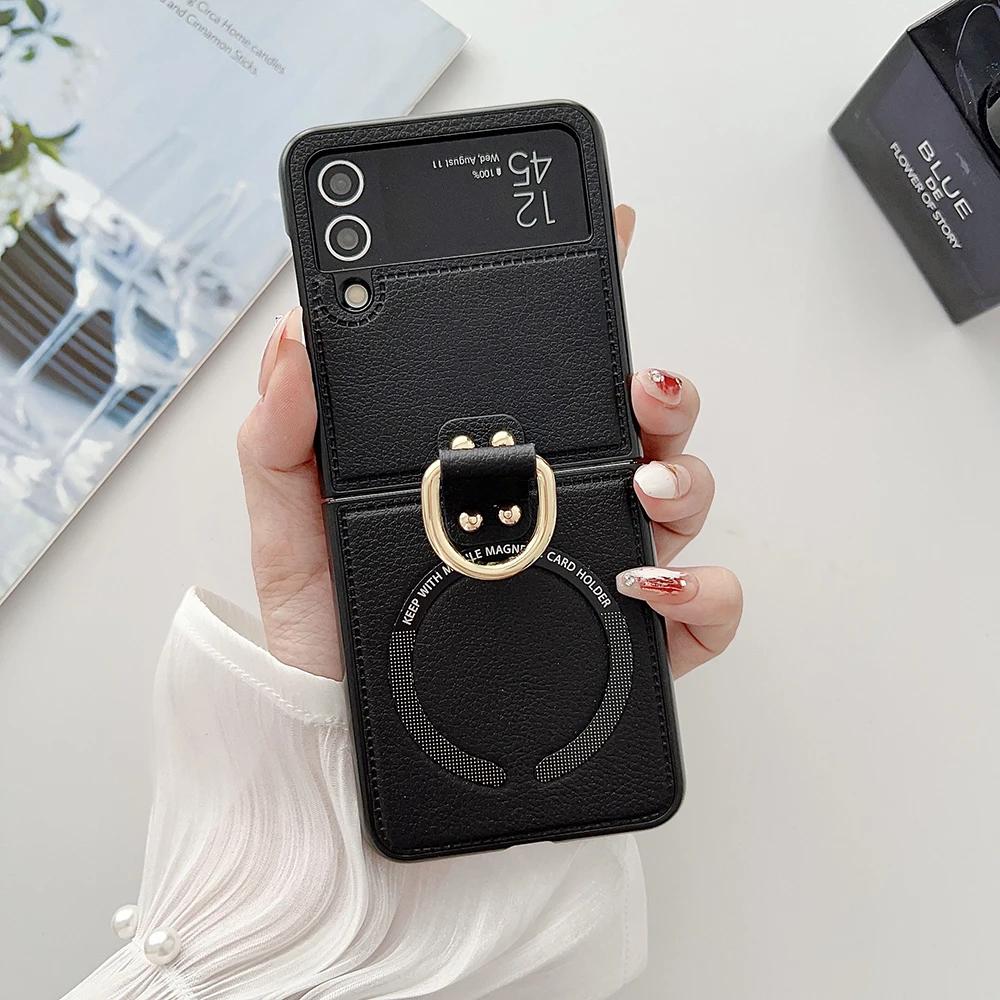 

Чехол для телефона из ПУ кожи для Samsung Galaxy Z Flip 7 FE 6 5 4 3 Чехол с держателем-кольцом для Magsafe Магнитная беспроводная зарядка Flip6 For Samsung Galaxy Z Flip6 чёрный