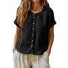 Womens Button Down Short Sleeve Blouse Loose Fit Casual Linen Shirt Crew Neck Lightweight Summer Top