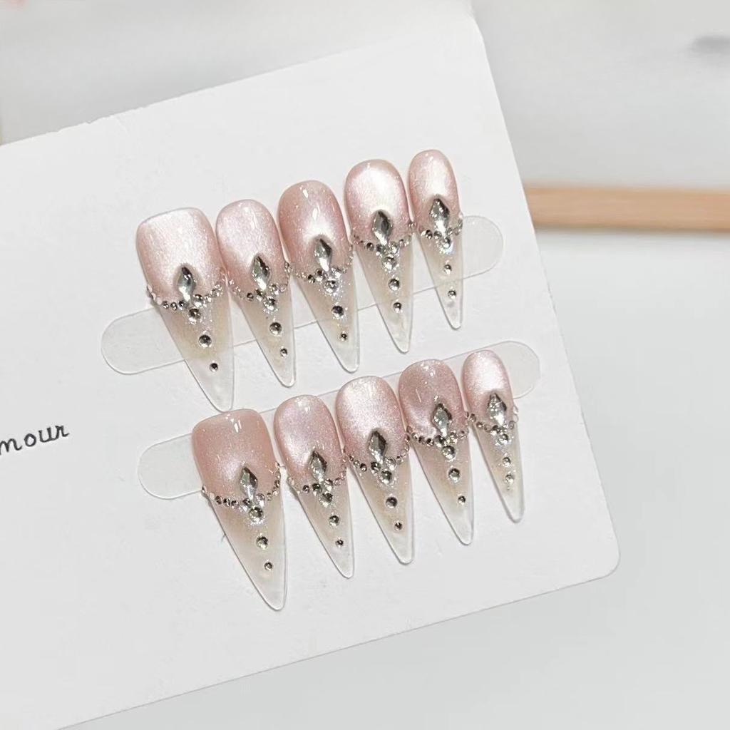 Pure Hand-woven Armor with High-end Atmosphere and Icy Nude Color Cat-eye French Temperament Goddess Detachable Manicure Finished Product