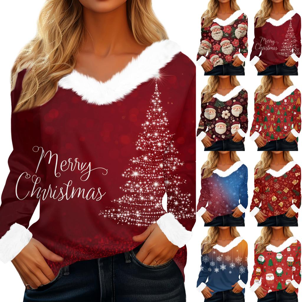 Women's Casual Fashion Long Sleeve Christmas Printed Flannel Collar Top