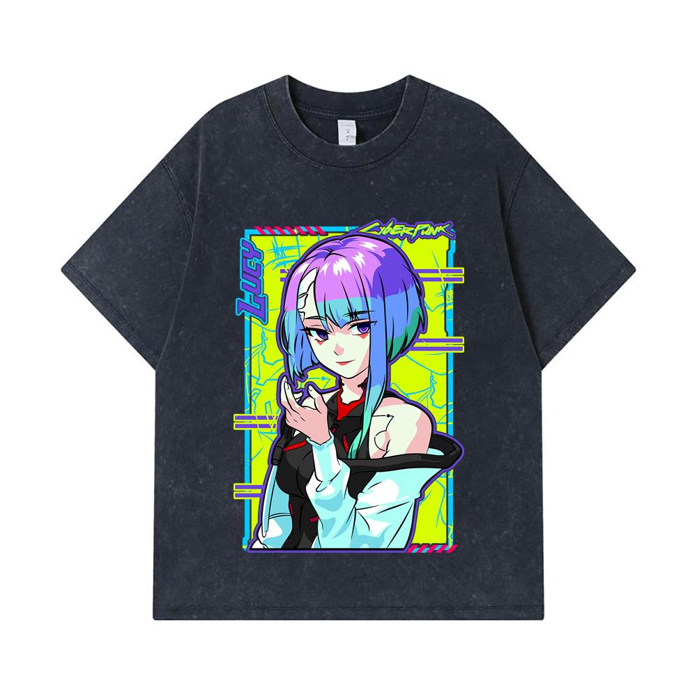275 GSM Washed T-shirts 100% Cotton Cyberpunk Edgerunners V8 Lucy Print Unisex Heavy Cotton T Shirt