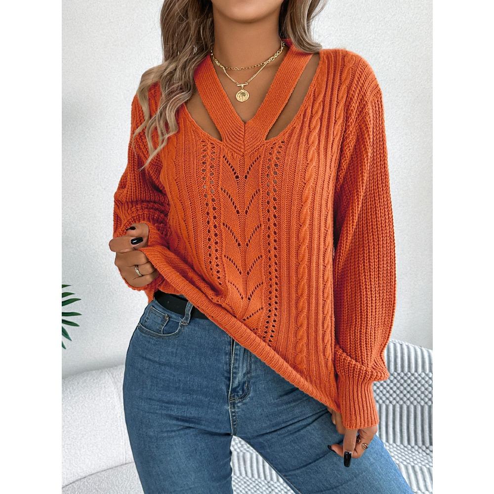 Women's Autumn/Winter Sweatshirt - Casual Openwork V-Neck with Twisted Lantern Sleeves - New Arrival Knitted Jumper
