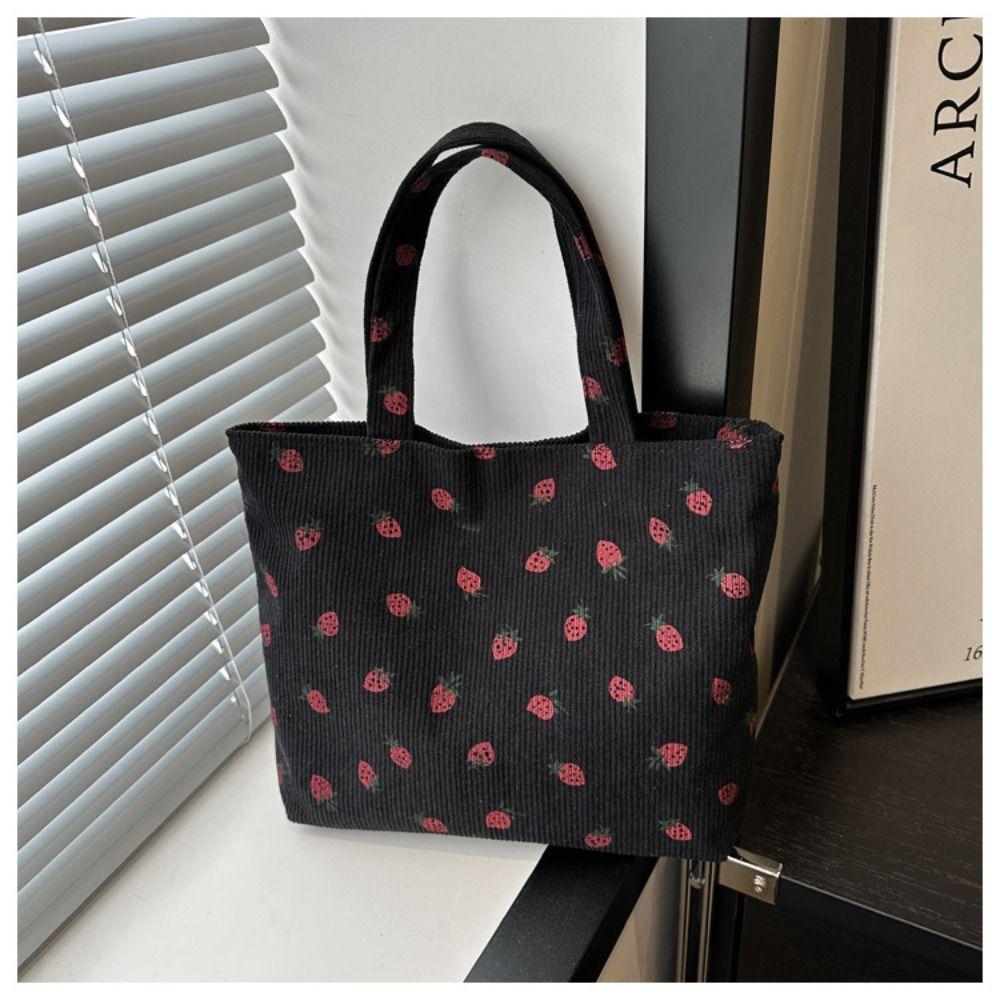Strawberry Print Shoulder Bag For Women New Fashion Corduroy Large Capacity Shopping Bag Solid Color Handbag Tote Bag