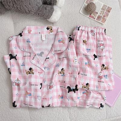 Cartoon Sweet Cute Letter Dog Print Women's Pajamas Lapel Neck Plaid Korean Design Pajamas Set for Women New Spring Sleepwear