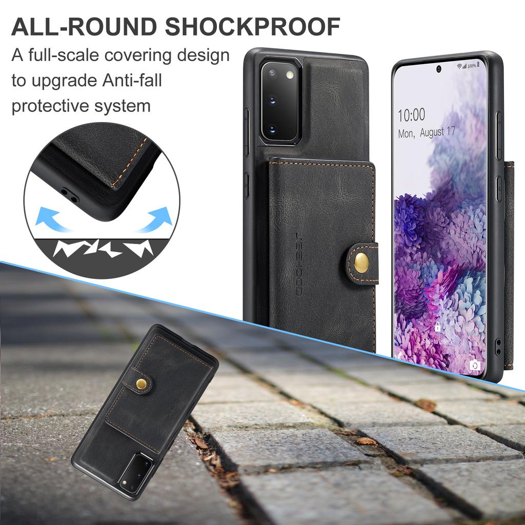For Samsung Galaxy S20 5G Case JEEHOOD J01 Retro Leather Phone Back Cover with Detachable Magnetic Card Holder