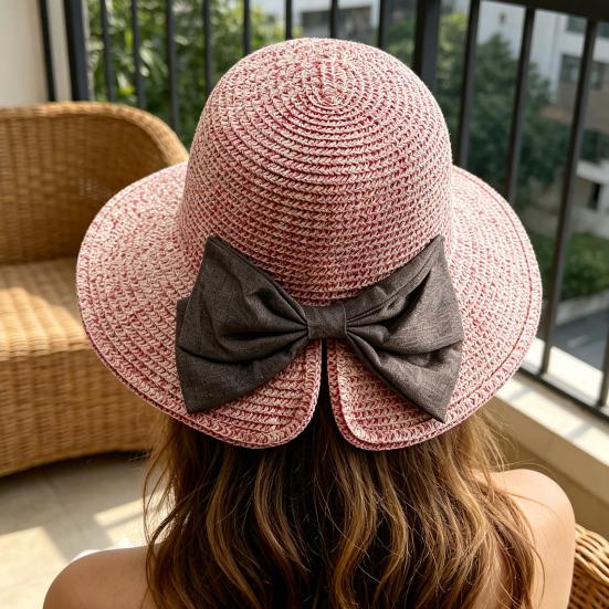 Women Beach Hat, Wide Brim Sun Protection Hat, Foldable Straw Summer Hat with Bowknot Decor, Breathable Outdoor Hat for Fishing, Travel