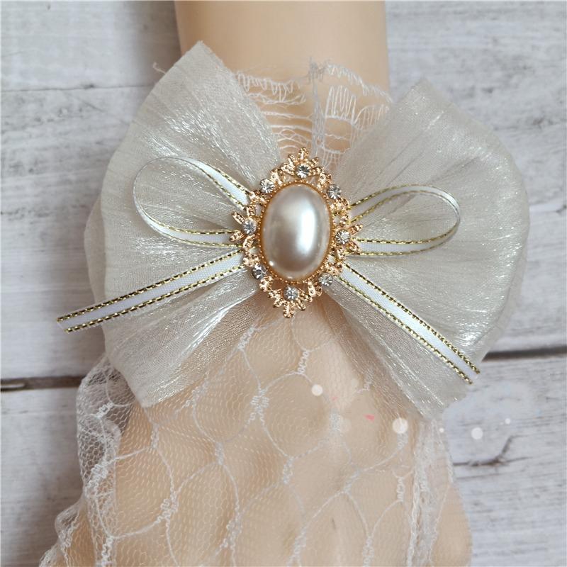 Handmade Lolita Lace Gloves Japanese Sweet Girl Tea Party Wedding Bride Gorgeous Summer Bow Pearl Lace Gloves Mittens Accessory