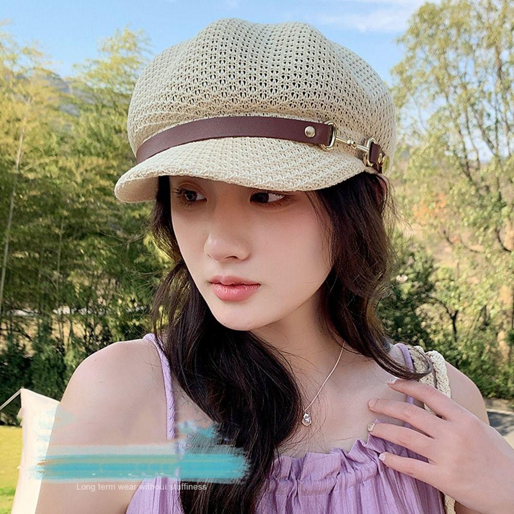 Korean Style Octagonal Hat Newsboy Cap Painter Hat Fashion Hollow Weave Beret  Spring Summer