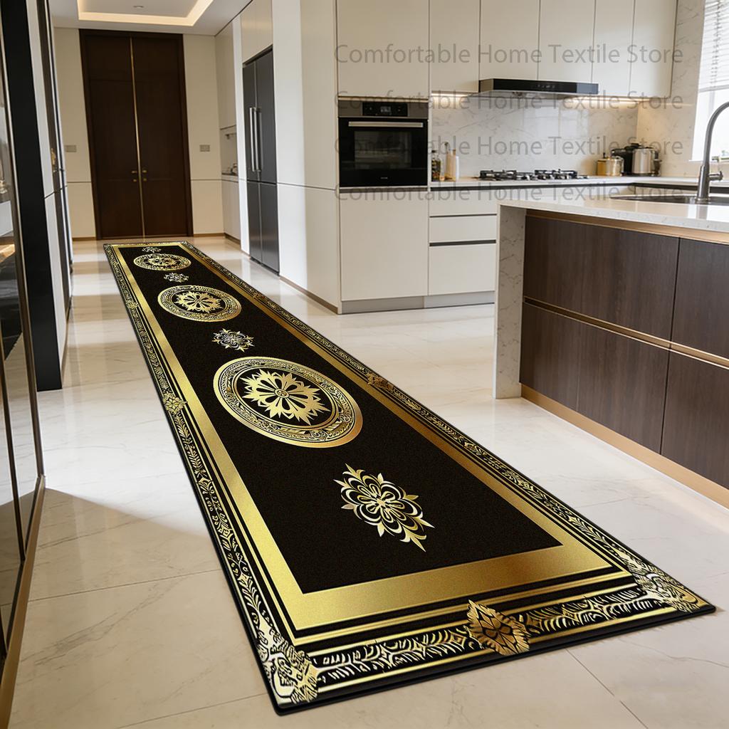 European Light Luxury Golden Pattern Corridor Rug Home Decoration Foldable Antiskid Carpet Easy Clean Lint-free Long Runner Mats