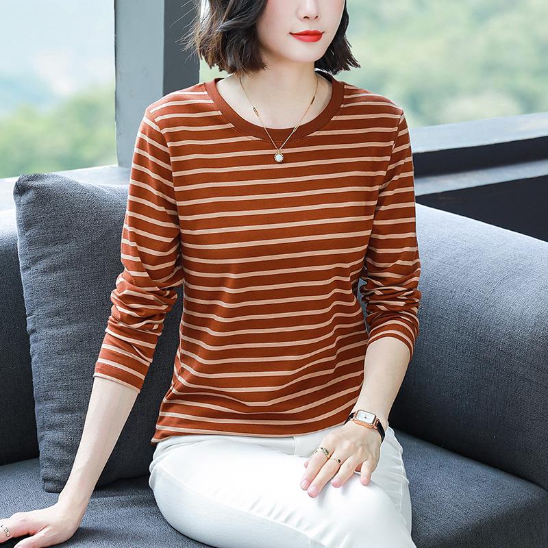 Plus Size Loose-Fit Cotton Striped Long-Sleeve T-Shirt for Middle-Aged & Elderly Women