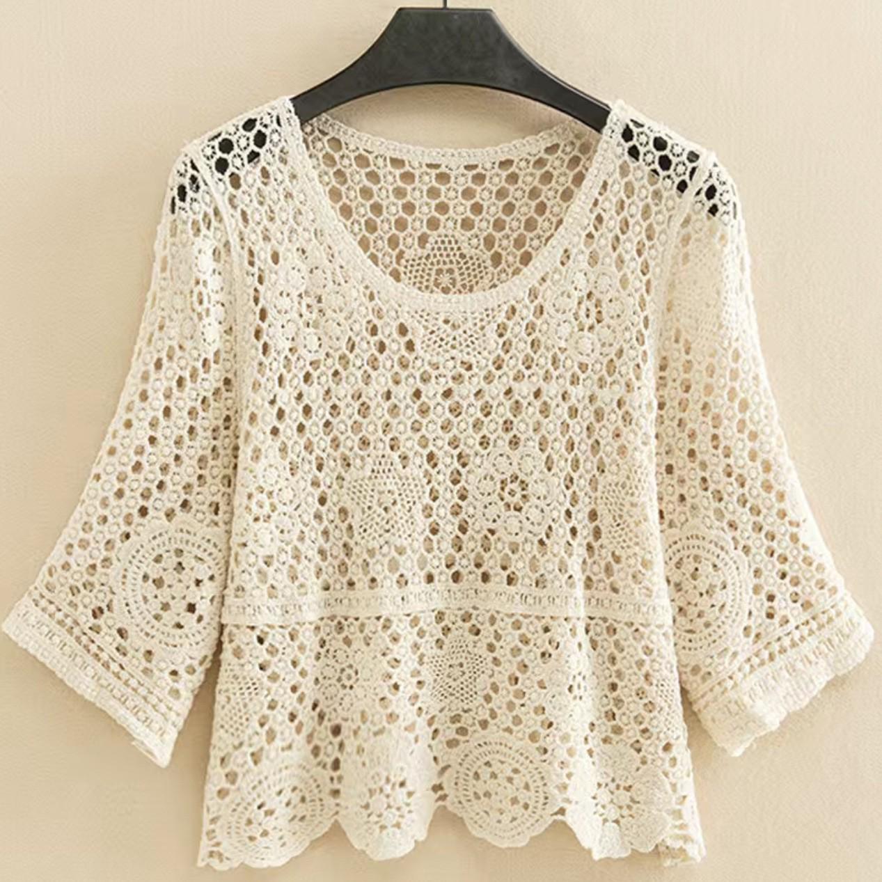 

Женский летний пуловер с ажурной вязкой крючком - Свободный топ-накидка с рукавом пять четвертей в корейском стиле XL (Recommended 111-130 jin)