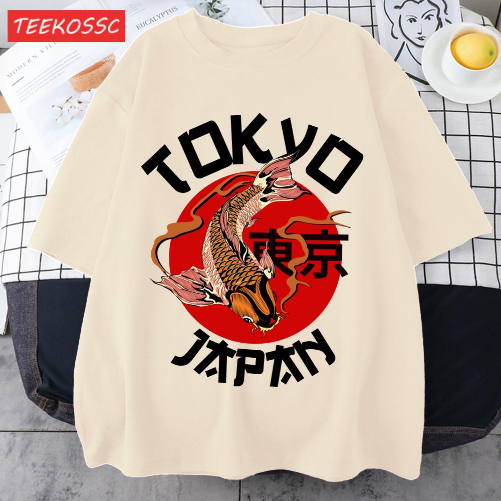 Harajuku Tokyo Japan Koi Fish Print Men T Shirts Hip Hop ONeck TShirt Soft Cotton Male Sportswear Casual Comfortable Clothes