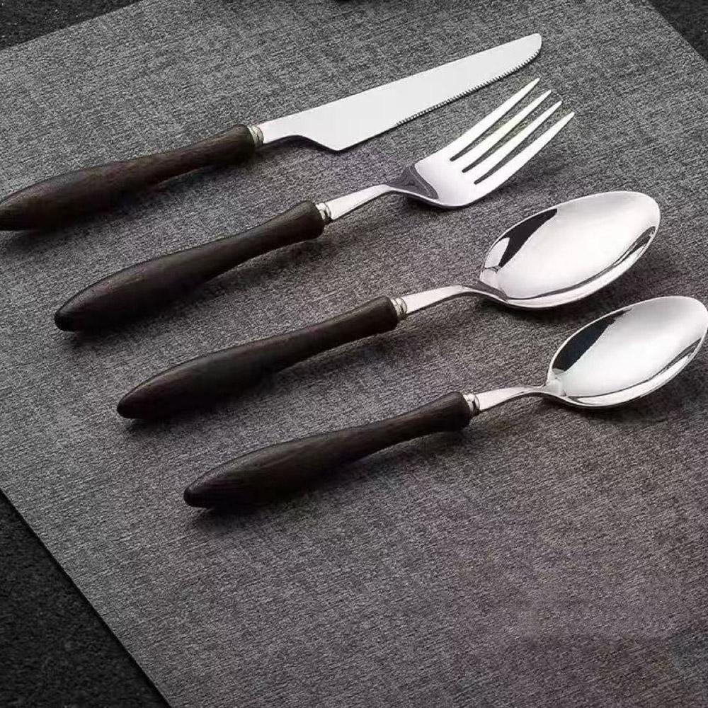24 STÜCK Holzgriff 304 Edelstahl Besteck Silberbesteck Set, Rustikales Geschirr Besteckset Service für 6, Messer Gabeln Löffel Set