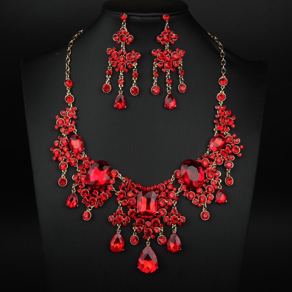 Европейский и американский роскошный преувеличенный темперамент Стразы Большой комплект колье и серег Свадебное платье Банкетные аксессуары 45CM красный