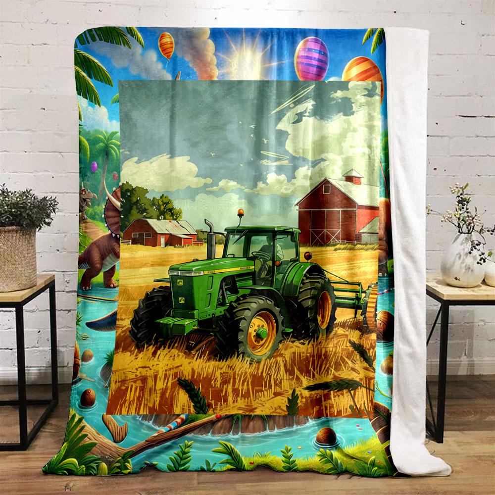 Green Tractor Farm Scene Blanket bedroom Blanket for Livingroom Couch lunch break Soft throw for Friend's festival Gift