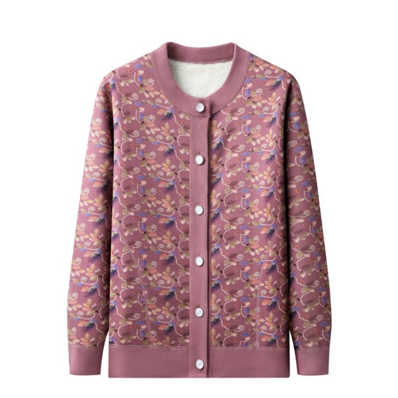 Middle-aged Autumn New Velvet Knitted Sweater Jacket Female Grandma Thickened Top Year-old 0 Crew Neck Cardigan Sweater
