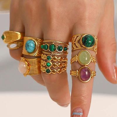 Anello Aperto Gemma Retrò Francese Wondershare: Acciaio al titanio inossidabile con pietra naturale, gioiello da mano di alta gamma.