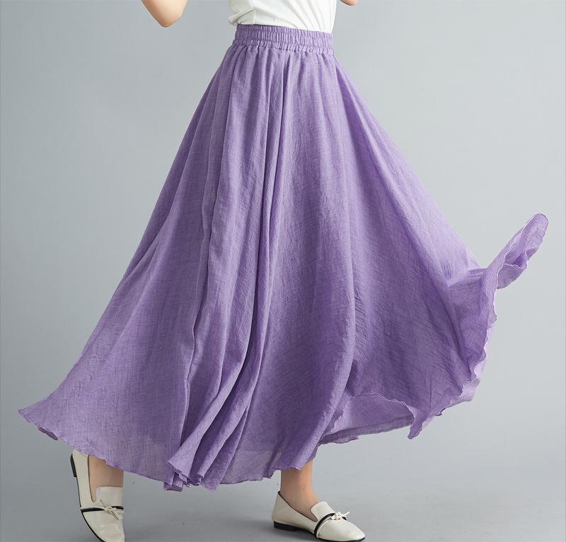 2024 Japan & Korea Loose Cotton-Linen Elastic Waist Midi Skirt – Solid Color A-line Swing Skirt