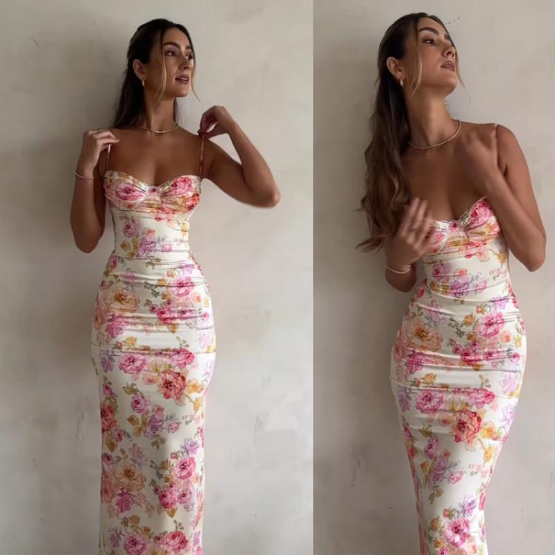 New Fashion Sleeveless Printed Sexy Backless Suspender Dress Slim Fit Elegant Bodycon Summer Party Long Dress Female Streetwear Casual Clothing