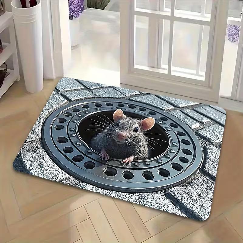3D Rat Optical Illusion Carpet Front Door Mat Realistic Stone Road Mouse Peeking Welcome Rug for Indoor Entrance Home Decor