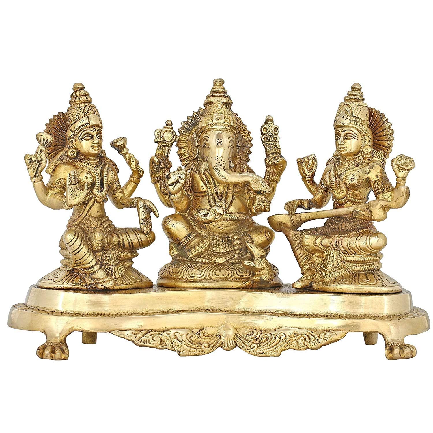

100% Pure Brass Ganesh Laxmi Saraswati Pair Statue, Religious, Gold - 6 Inches