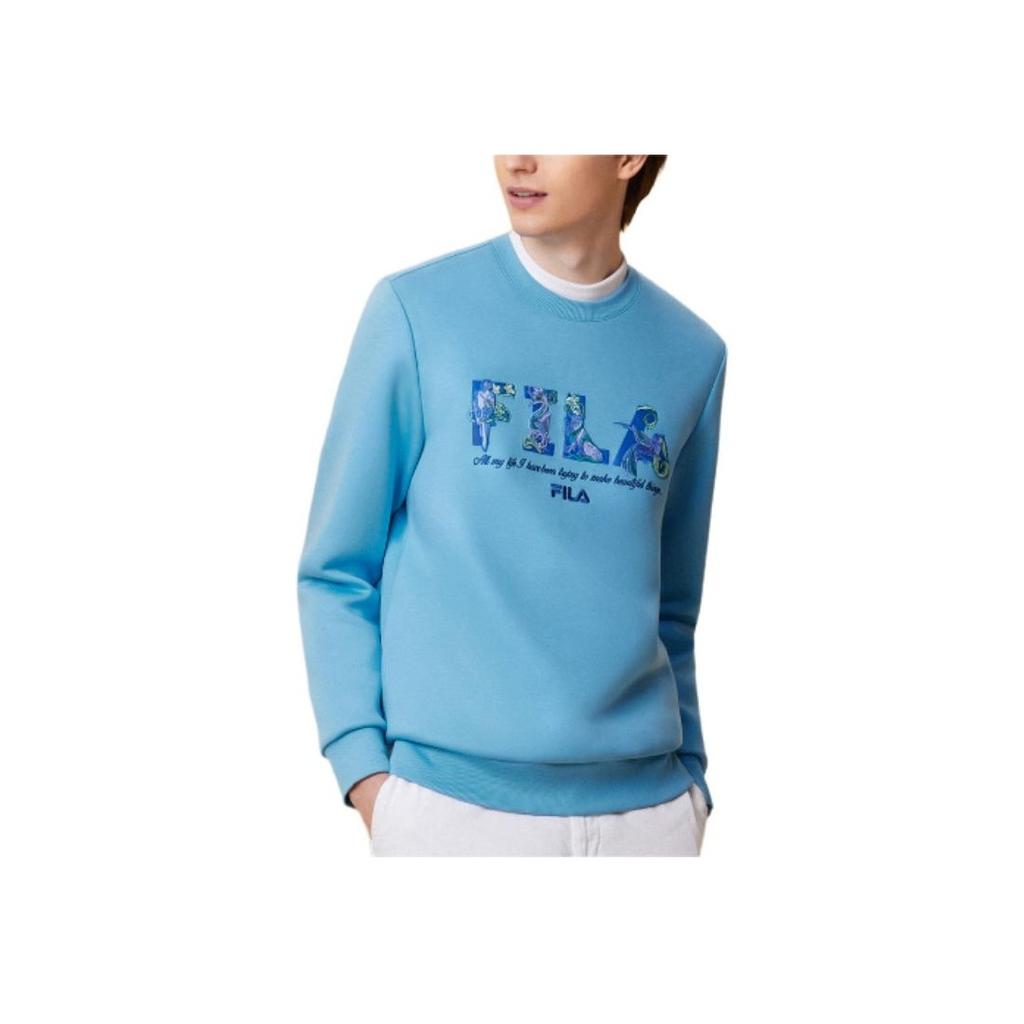 Fila X V&A Collaboration Morgan Series Floral Bird Pattern Crew Neck Pullover Casual Knit Sweatshirt Men Sweatshirt Cyan F11M418201F-BU