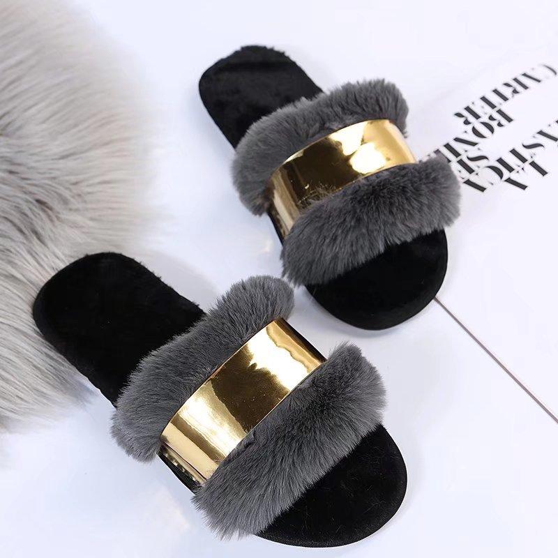 Fashion Women Fashion Slippers New Fashion Metal Flat Cotton Slippers Non Slip Warm Shoes Comfortable Home Slides Women Zapatos De Mujer