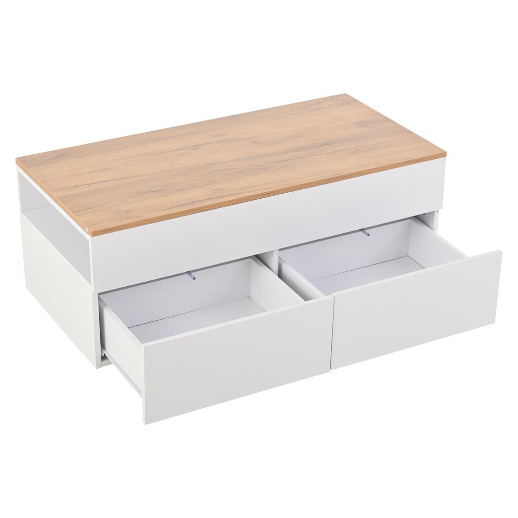 100*50*40cm Height-Adjustable Coffee Table with Hidden Storage, 2 Drawers, Semi-Open Storage, in White + Wood Color