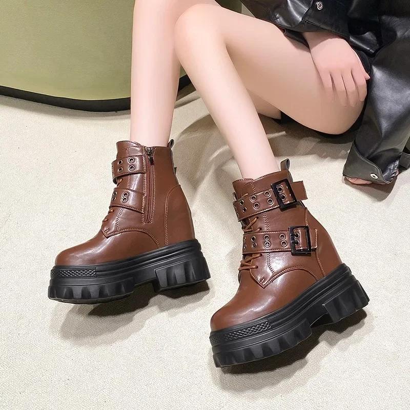 Fashion 11CM Women's High Platform Motorcycles Boots Winter Wedge Heels Ankle Boots Chunky Sneakers New Autumn Leather Punk Shoes Woman