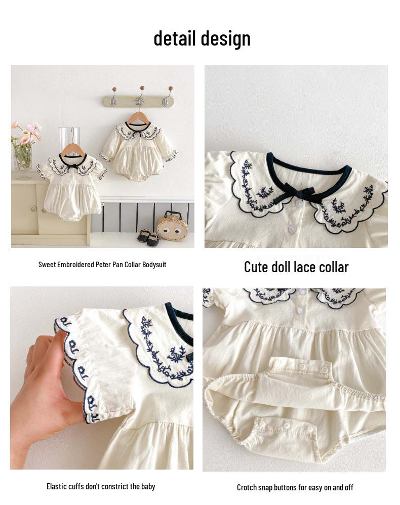 Embroidered Summer Romper with Turn-Down Collar and Bow for Newborn Girls