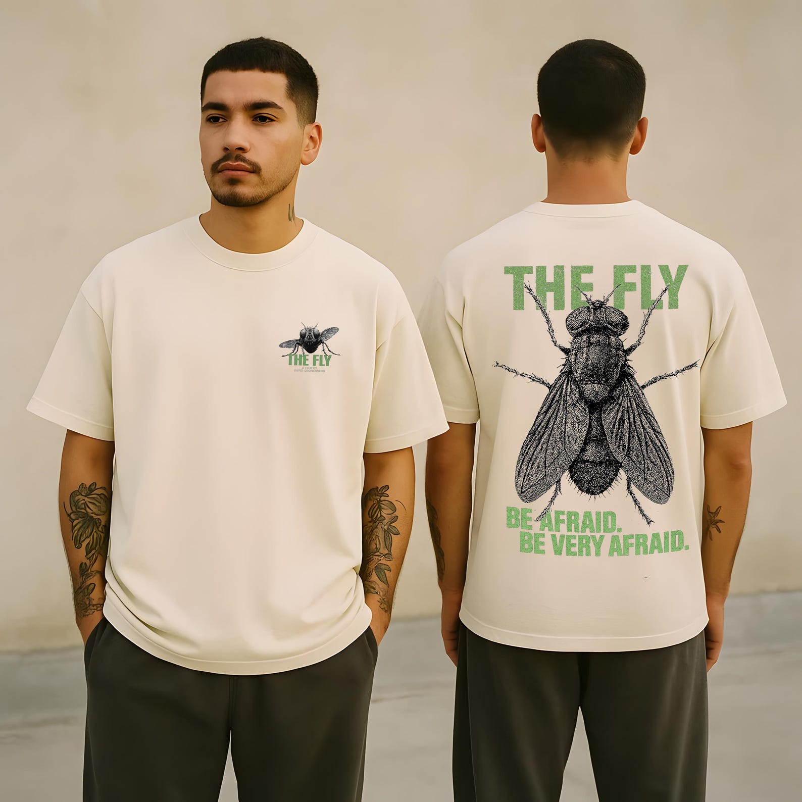The Fly Shirt | David Cronenberg Jeff Goldblum Horror Cotton Tee | Be Afraid Quote Back Print 2XL