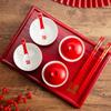 Chinese Wedding Tea Set Red Wedding Bowl Chopsticks Covered Bowl Toast Change Tea Set Solid Wooden Tray Wedding Supplies